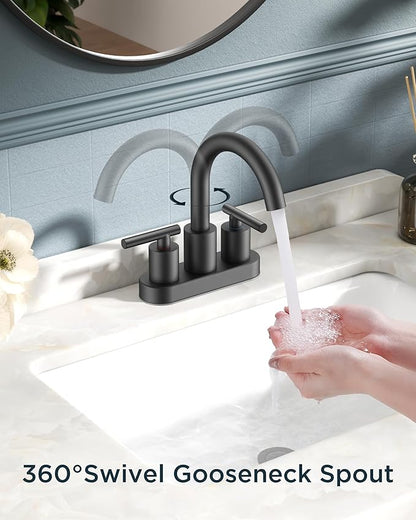 FORIOUS 4 Inch Centerset Bathroom Faucet Black 2 Hole, Two Handle Matte Black Faucet for Bathroom Sink with Pop Up Dain, 24" Supply Line, and 360° Rotating Spout of 4" Vanity