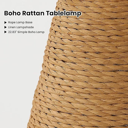 KAISITE Rattan Lamp Boho Table Lamp - 2Pack Large Bedside Table Lamps for Bedroom Rustic Handmade Woven Lamp Nightstand Lamps with Pull Chain for End Table, Living Room, Farmhouse - E26 Socket