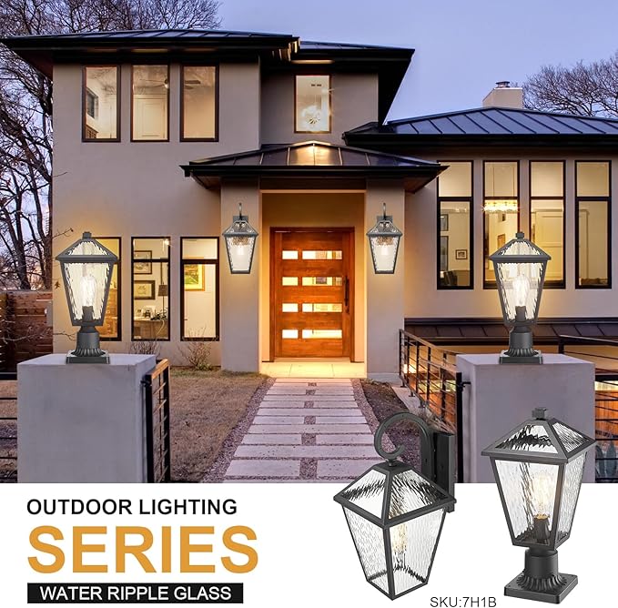 Outdoor Lights Fixtures Wall Mount, Outdoor Wall Lantern with Water Ripple Glass, Waterproof Outside Exterior Wall Sconce Lights Fixture for House, Front Porch, Patio, Medium, Matte Black