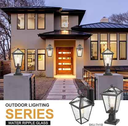 Outdoor Lights Fixtures Wall Mount, Outdoor Wall Lantern with Water Ripple Glass, Waterproof Outside Exterior Wall Sconce Lights Fixture for House, Front Porch, Patio, Medium, Matte Black
