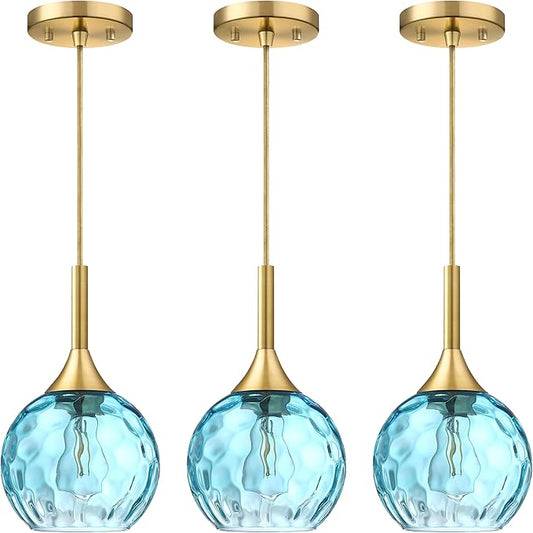 6.3" Blue Texture Glass Rod Pendant Light 3 Pack Pendant Ceiling Light Fixture Gold Finish Modern Farmhouse Dinning Over Sink Adjustable Height Cord