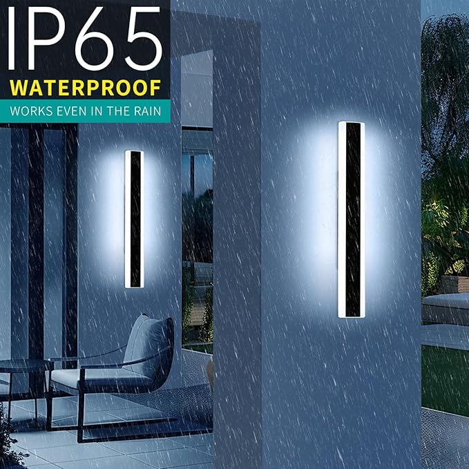 2 Pack 23.6inch Modern Outdoor Wall Light, Black Outside LED Long Wall Sconce, 6000K Cold White, 24W, IP65 Waterproof, Linear Exterior Lighting Fixture for House, Garage, Porch, Garden
