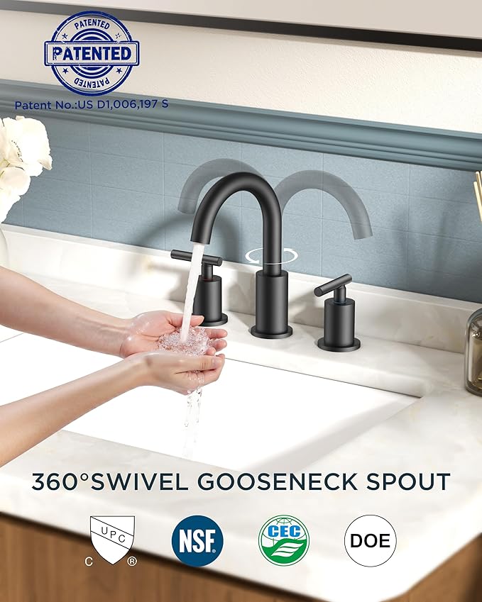 FORIOUS Black Bathroom Faucet 3 Hole, 8 Inch Matte Black Bathroom Sink Faucet Widespread with 360° Swivel Spout, Suitable for 6-12 Inch Vanity Sink, with Pop-up Drain and cUPC Supply Line