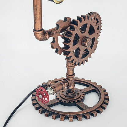 Eclectic Copper Steampunk Pipe Table Lamp with 360° Adjustable Light & Clock (Cage Shade) QTF-BT06