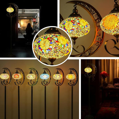 3D Crescent Moon Turkish Floor Lamp - 60 Inch Boho Lamp, 8 Inch Stained Glass Shade, Handmade for Living Room, Bulb Included (Multicolor,YUELFL-05)