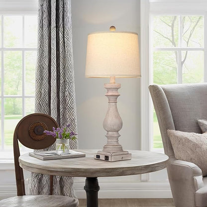 29" Farmhouse Table Lamp for Living Room,Vintage Bedside Lamp with USB C+A Ports & AC Outlet,3-Way Dimmable Touch Control Gray Washed Finish Nightstand for Bedroom, Single Gray