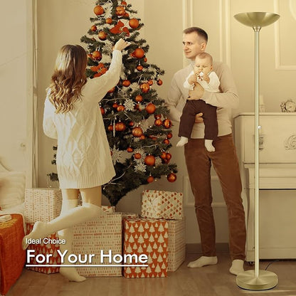30W Torchiere Floor Lamp Gold, 3600LM Bright Stepless Dimmable Floor Lamp, 71 Inch LED Standing Lamp 3000K, Rotary Switch, I Inch Thick Pole, Tall Metal Torch Floor lamps for Living Room/Bedroom/Den
