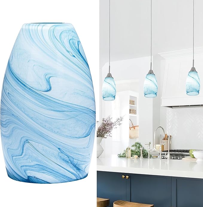 Blue Oval Glass Lamp Shade Only Art Marble Glass Light Shades for Kitchen Island pendant Lights Covers Light Fixture Replacement for Mini Pendant Ceiling Lights Chandelier 1pack