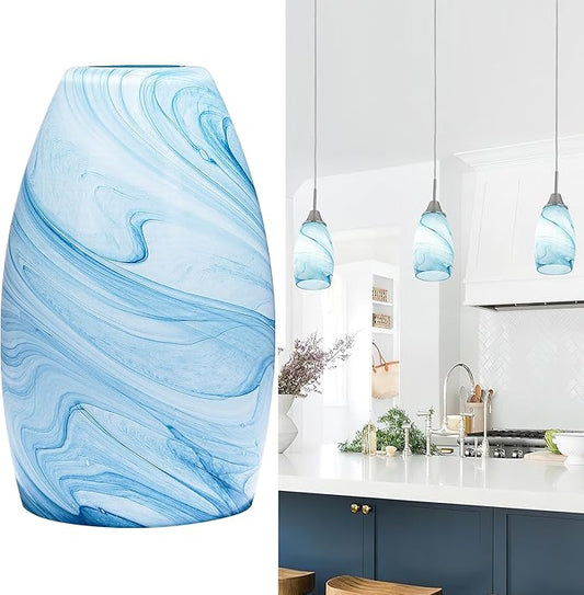 Blue Oval Glass Lamp Shade Only Art Marble Glass Light Shades for Kitchen Island pendant Lights Covers Light Fixture Replacement for Mini Pendant Ceiling Lights Chandelier 1pack