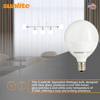Sunlite G16.5 Light Bulb LED, 5W (40W Equiv.), 350 Lumens, Dimmable, Type G Globe Shape E12 Candelabra Base, Short Bulbs, Vanity Mirror Bulbs, 2700K Soft White, Frosted, 6 Count