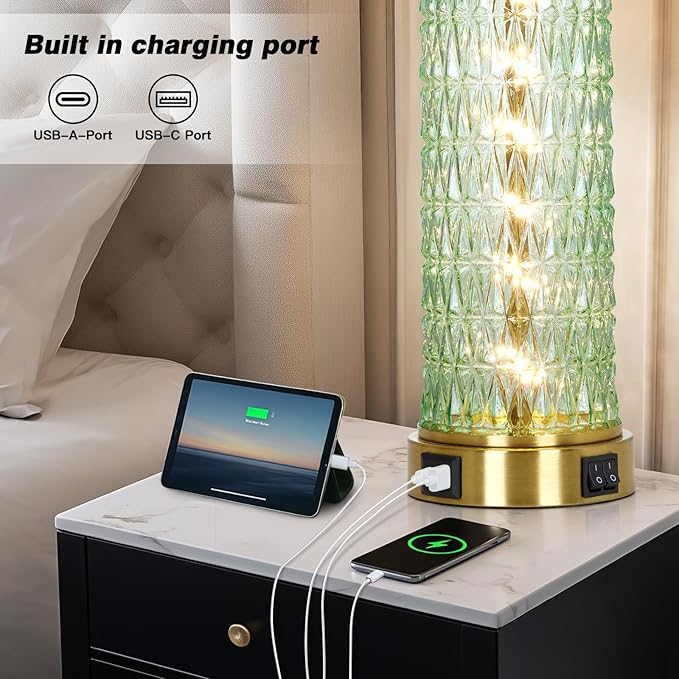 28" Green Glass Table Lamps Set of 2, Green Modern Bedside Lamp with LED Night Light, USB A+C, Glass Lamps for Living Room, Bedroom, Nightstand, Office, End Table (2 Bulbs Included)