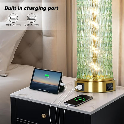 28" Green Glass Table Lamps Set of 2, Green Modern Bedside Lamp with LED Night Light, USB A+C, Glass Lamps for Living Room, Bedroom, Nightstand, Office, End Table (2 Bulbs Included)