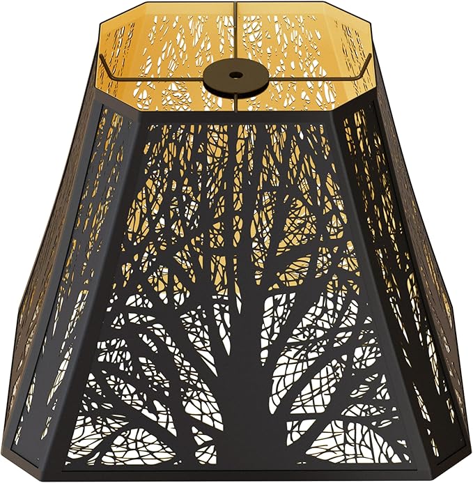 ALUCSET Metal Bell Lampshade, Rectangular Cut Corner Lamp Shades Replacement for Table Floor Lamps, Etched Forest Lamp Shade (5+6.5) " Top x (8+12)" Bottom x 10" High, Black Gold Replacement Spider