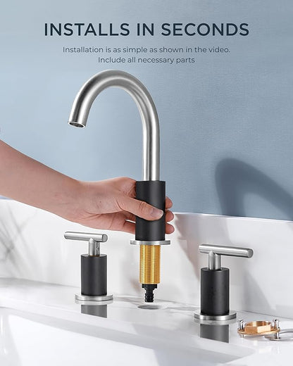 FORIOUS Brushed Nickel and Matte Black Bathroom Faucet 8 Inch, Black Widespread Bathroom Sink Faucet 3 Hole with Pop Up Drain and Supply Line, 2 Handle Stainless Steel Vanity Room Remodel