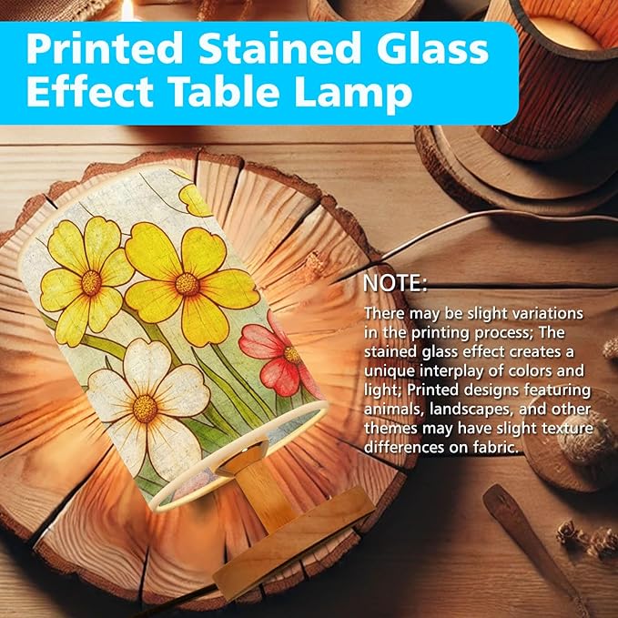 Primrose Flowers Table Lamp LED 3-Color Pressed Bedside, Primrose Flowers Shade Lamp with Wood Base for Bedroom Living Room Desk Office