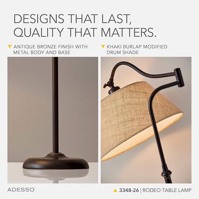 Adesso Rodeo Table Lamp with 180 Degree Adjustable Arm and Shade, Antique Bronze and Burlap, 27” Height, Versatile Bedside Table or Desk Lamp