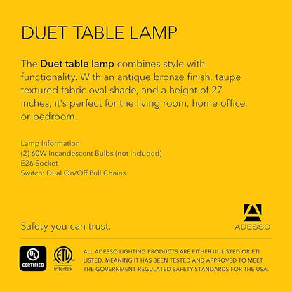 Adesso Duet Table Lamp with Dual Pull Chains, Antique Bronze Finish, Taupe Fabric Shade – 27” Tall, Versatile Bedside Table or Desk Lamp