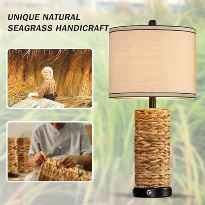GyroVu Rattan Table Lamp Set of 2, Wicker Lamps, Dimmable Touch Seagrass Table lamp with 2 USB Ports and 1 AC Outlet for Bedroom Nightstand Table, Livingroom End Table, Bulbs Include