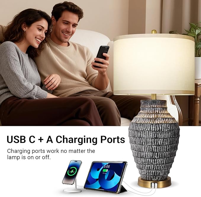 28”H Big Rustic Table Lamp with USB Charging Port for Bedroom Living Room, Black and Wash White Finish, 3 Color Temperature, Linen Shade, Rotary Switch Bedside Resin Lamp for Home Nightstand Decor