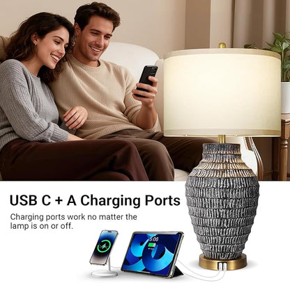 28”H Big Rustic Table Lamp with USB Charging Port for Bedroom Living Room, Black and Wash White Finish, 3 Color Temperature, Linen Shade, Rotary Switch Bedside Resin Lamp for Home Nightstand Decor