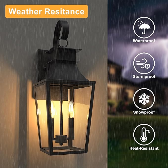 20.98-INCH Outdoor Wall Lights 2-Light, Waterproof Exterior Light Fixtures Wall Mount Outside Light with Glass, Dusk to Dawn Outdoor Wall Lantern for Porch, House, Garage, Black