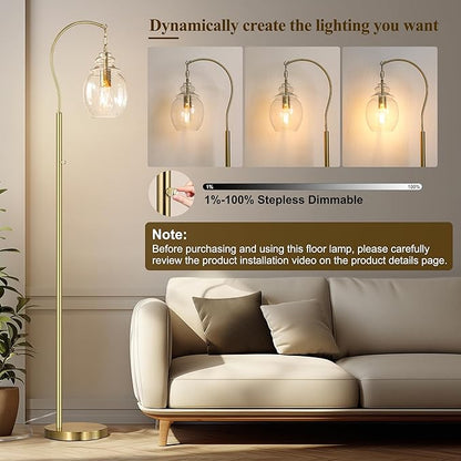 QiMH Gold Floor Lamps for Living Room, Modern Standing Lamp for Bedroom, 70" Tall Lamp for Corner, Arc Floor Lamp with Seeded Glass Lamp Shade, Dimmable Floor Lamp for Reading Office Nursery