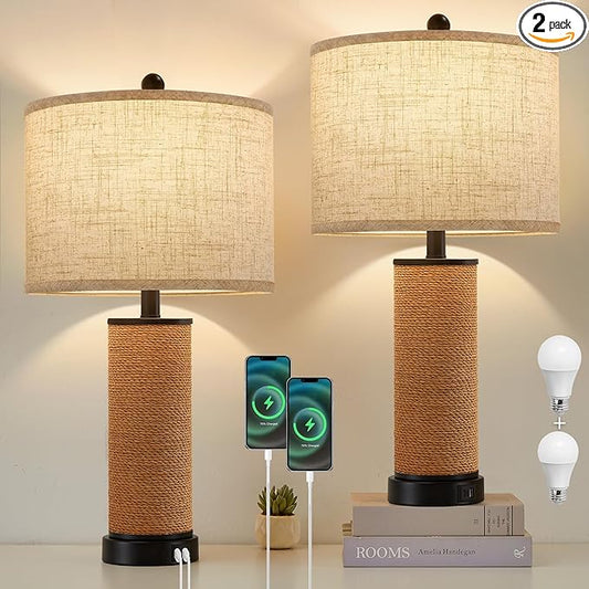 GyroVu Set of 2 Rattan Table Lamps for Living Room with USB C+A Ports, Multi Color Temperature Nightstand Bedside Lamp Rocker Switch Coastal Lamps for Bedroom, Wicker Lamps (2 Bulbs Included)