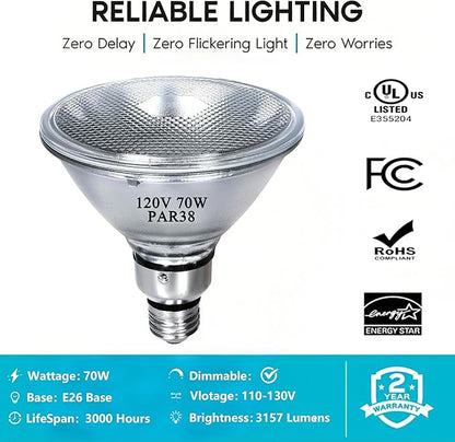 PAR38 Halogen Flood Light Bulbs, 120 V 70W Halogen Bulbs, E26 Base, 2700K Warm White Light for Indoor and Outdoor 4 Pcs