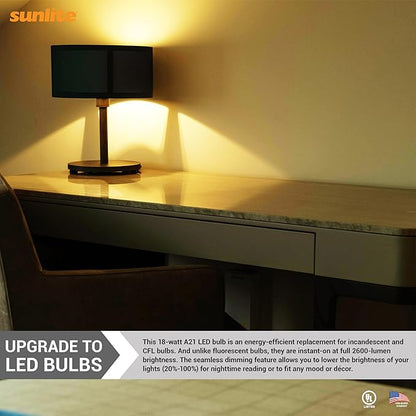 Sunlite LED A21 Light Bulb, 18 Watts (150W Equivalent), 2600 Lumens, 120V, Dimmable, Medium E26 Base, 220 Degree Beam Angle, UL Listed, RoHS Compliant, 3000K Warm White, 6 Pack