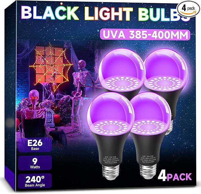 UNILAMP Black Light Bulbs: A19 9W UV Black Light Bulb, UVA 385-400nm, Black Light for Glow in The Dark for Face Body Paint, Blacklights Party, Halloween Decoration, 4 Pack