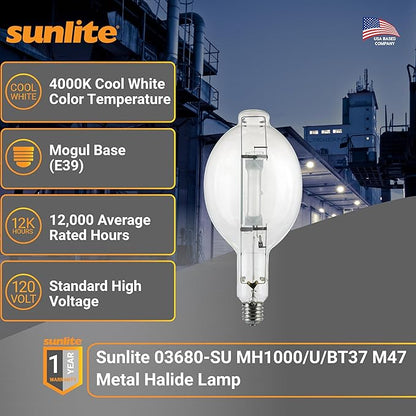 Sunlite 03680-SU MH1000/U/BT37 M47 Metal Halide Lamp, 1000 Watts, Mogul Base (E39), BT37, 12,000 Hours Life, 110,000 Lumen, Clear Finish, 4000K