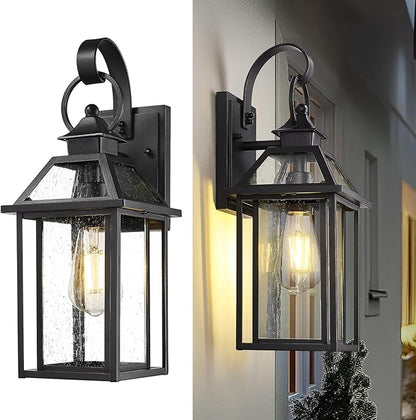 zeyu Outdoor Wall Mount Light Sconce, 16.3 Inch Farmhouse Exterior Wall Light for Garage in Black Finish, Die-Cast Aluminum with Seeded Glass Shade, ZW114B BK