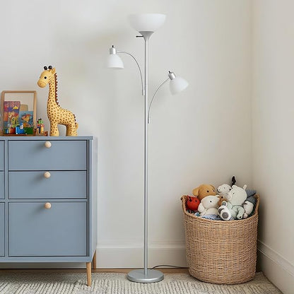 Brightech Sky Dome Double LED Floor lamp, Torchiere Super Bright Floor Lamp with 2 Reading Lamps for Living Rooms & Offices - Dimmable Tall Standing Lamp for Bedroom Reading - Tall Silver Pole