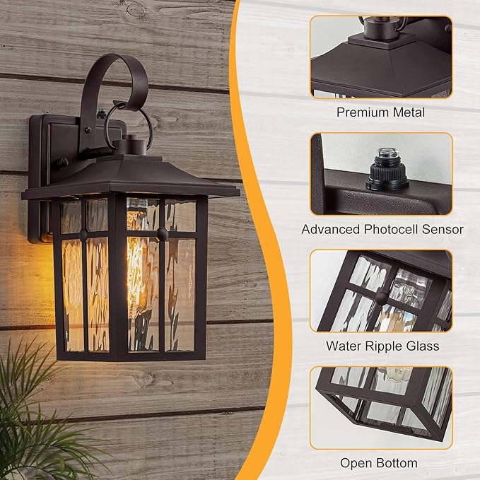 2 Pack Dusk to Dawn Outdoor Lighting, Oil Rubbed Bronze Exterior Light Fixtures with Ripple Glass, Waterproof Aluminum Porch Lights, Outside Lantern Light for Entryway, Garage, Patio