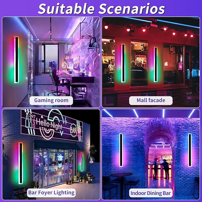Mikeru 2pack 31.4inch Outdoor Wall Light Fixtures, RGB Modern Outdoor Wall Sconce 10%-100% Dimmable Smart Outdoor Light Fixtures Wall Mount Featuring Multiple Modes and 12 Colors for Patio Entryway