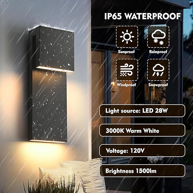 Modern Large Outdoor Wall Lights Integrated LED Outdoor Wall Sconces Lighting, Contemporary Exterior Lighting Fixtures Outside Wall Mount Lights for House Porch Front Door Garage, Matte Black 2 Pack