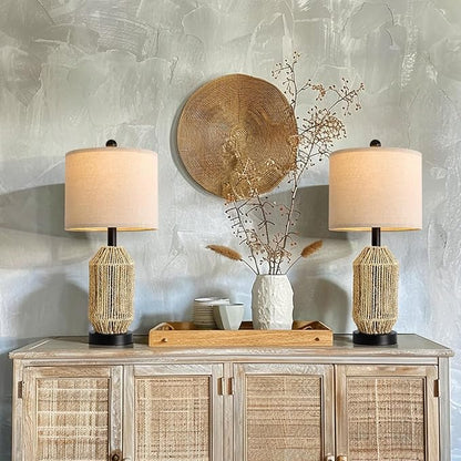OYEARS 21" Boho Table Lamps Set of 2 for Living Room, Bedside Lamps for Nightstand, Rattan Lamp for Bedroom, Farmhouse Table Lamps for Boho Decor, End Table, Retro, Black