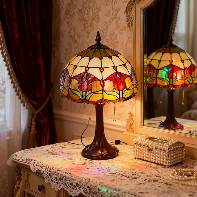 Vintage Table Lamp Stained Glass Lamp Tulip Flower Shades Bedroom Plug in Table Lamp Reading Desk Light for Bedside Living Room Office Dormitory Dining Room Decorate Gift