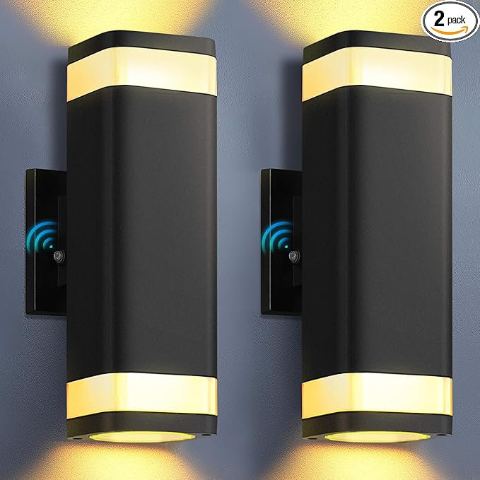 RAYVO Dusk to Dawn Outdoor Wall Lights 2 Pack, Modern Up and Down Exterior Lighting Fixtures with Sensor, Waterproof Aluminum Wall Sconce for Porch Garage Patio, LED Bulbs Included, Black Finish