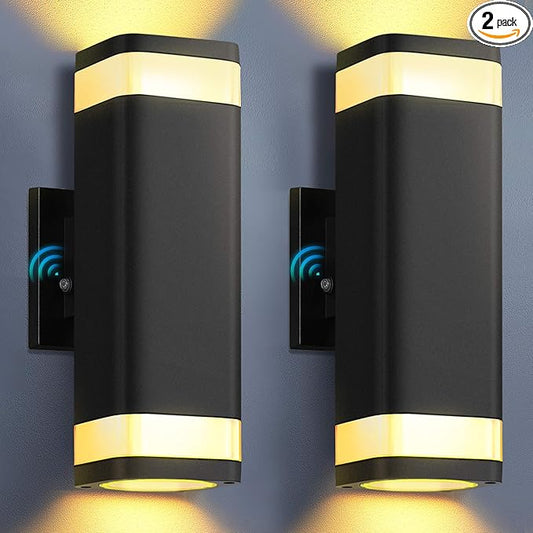 RAYVO Dusk to Dawn Outdoor Wall Lights 2 Pack, Modern Up and Down Exterior Lighting Fixtures with Sensor, Waterproof Aluminum Wall Sconce for Porch Garage Patio, LED Bulbs Included, Black Finish