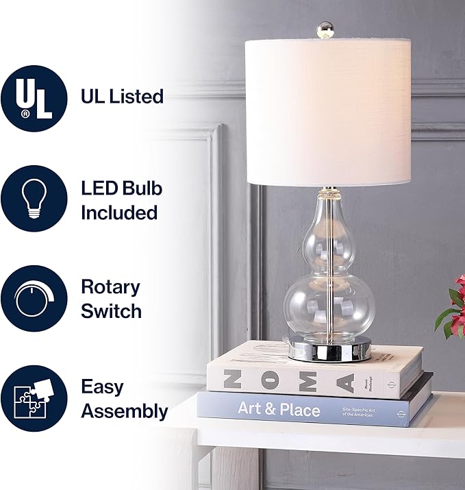 JONATHAN Y JYL1028E Anya 20.5" Mini Glass LED Table Lamp, Transitional, Glam, Midcentury, Modern, Elegant, Office, Living Room, Family Room, Dining Room, Bedroom, Hallway, Foyer, Clear