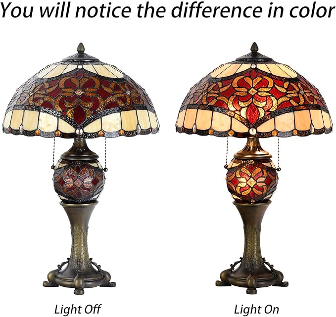 Bieye L10802 Baroque Tiffany Style Stained Glass Table Lamp Lighted Base for Living Room Bedside Home Decoration (16-inch, Red)