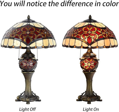 Bieye L10802 Baroque Tiffany Style Stained Glass Table Lamp Lighted Base for Living Room Bedside Home Decoration (16-inch, Red)