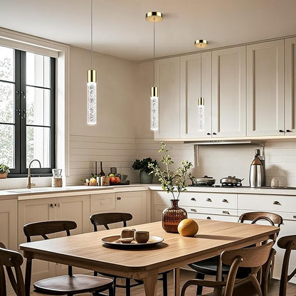 Pendant Lights Kitchen Island, 6500K Modern Kitchen Island Lights Brushed Gold, 3 Pack Ceiling Lighting Fixtures with Crystal Bubble, Integrated LED Hanging Light for Dining Room Restaurant