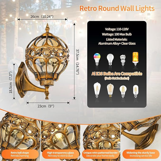 Globe Outdoor Wall Lights Fixtures, Anti Rust Gold Sphere Porch Wall Light,Aluminum Waterproof Outside spherical hardwired Lights for House Patio Porch Backyard Garage Front Door No Sensor,Large