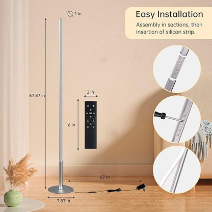 Marlrin Minimalist Corner Floor Lamp 2700K-6500K Dimmable with Remote Control 57.8" Height Metal Slim Ambient Standing LED Light Modern Design Decorative Lamp for Living Room Bedroom (Silver)