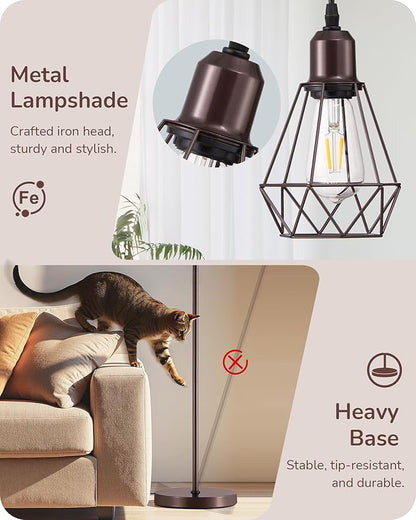 EDISHINE 70IN Industrial Floor Lamps for Living Room, Dimmable Farmhouse Corner Reading Lamp, Diamond-Shaped Lampshade, 3 LED Edison Bulbs Included, Rustic Tree Standing Lamp for Bedroom, Brown