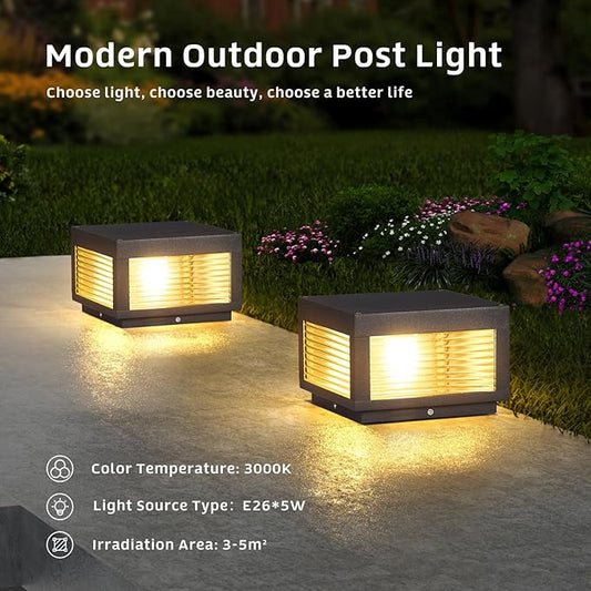 Outdoor Post Lights, 9.84" Column Pillar Light Hard Wired, Modern Fence Posts Lamp Waterproof 3000K Warm LED Lighting Lantern with E26 Bulb for Patio Driveway Garden Decoration