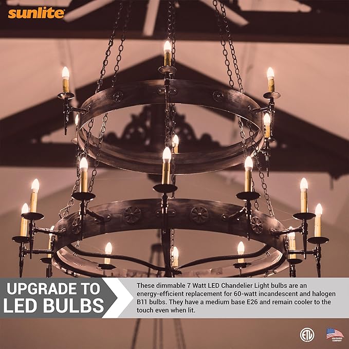Sunlite LED B13 Torpedo Decorative Chandelier Light Bulb, 7 Watts (60W=), 500 Lumens, 120 Volts, Dimmable, E26 Base, ETL Listed, Torpedo Frosted, Title-20, 2700K Soft White, 6 Pack