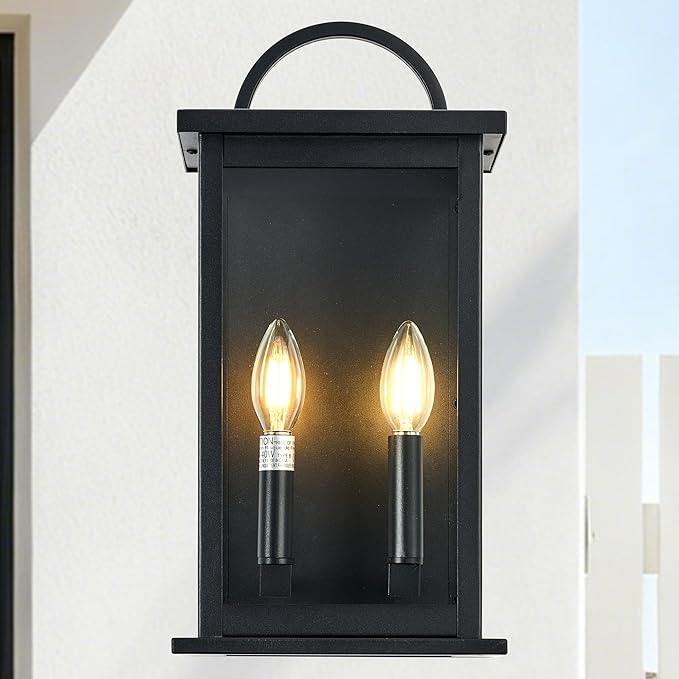 Outdoor Wall Sconce,2-Light in Black Rectangular Metal Frame and Clear Glass Shade Waterproof Porch Light Patio Light,Bulbs Not Included